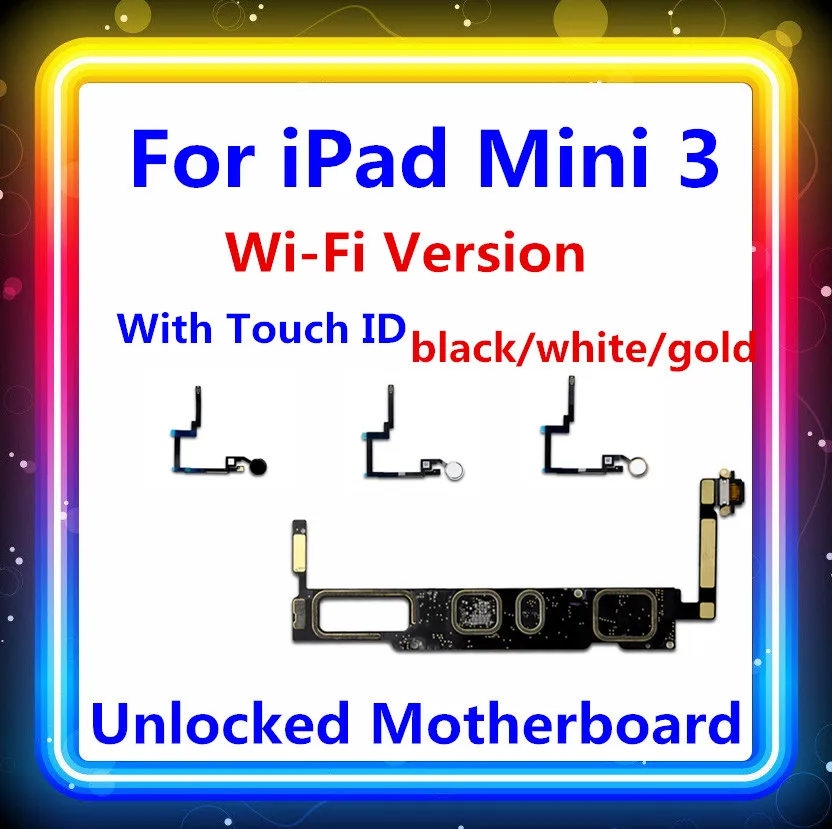 for iPad mini 3 Motherboard with touch id WIFI VERSION unlocked for iPAD mini 3 Logic board black/white/gold fee 16gb/64gb/128gb