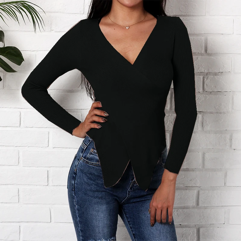 

Autumn Thin Women Knitted Sweater Sexy Club Slim Woman Knit Pullovers Long Sleeve Deep V-Neck Irregular Criss Cross Knitting Top