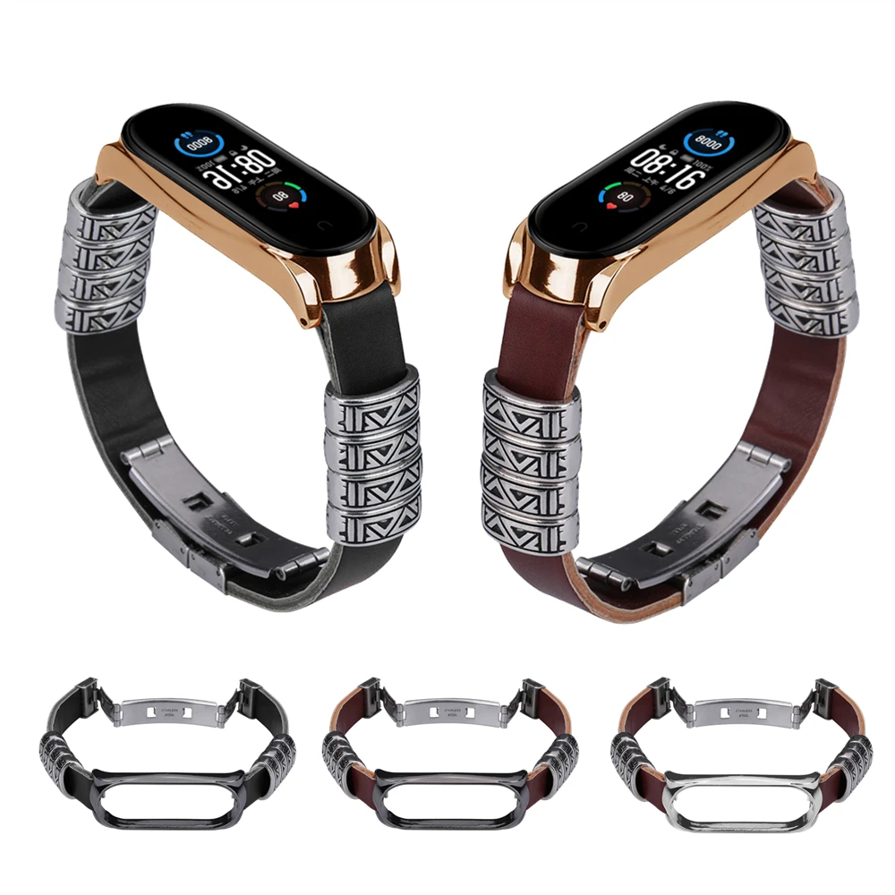 Ремешок на запястье для Xiaomi Mi Band 5 и NFC металлический + кожаный браслет сделай сам