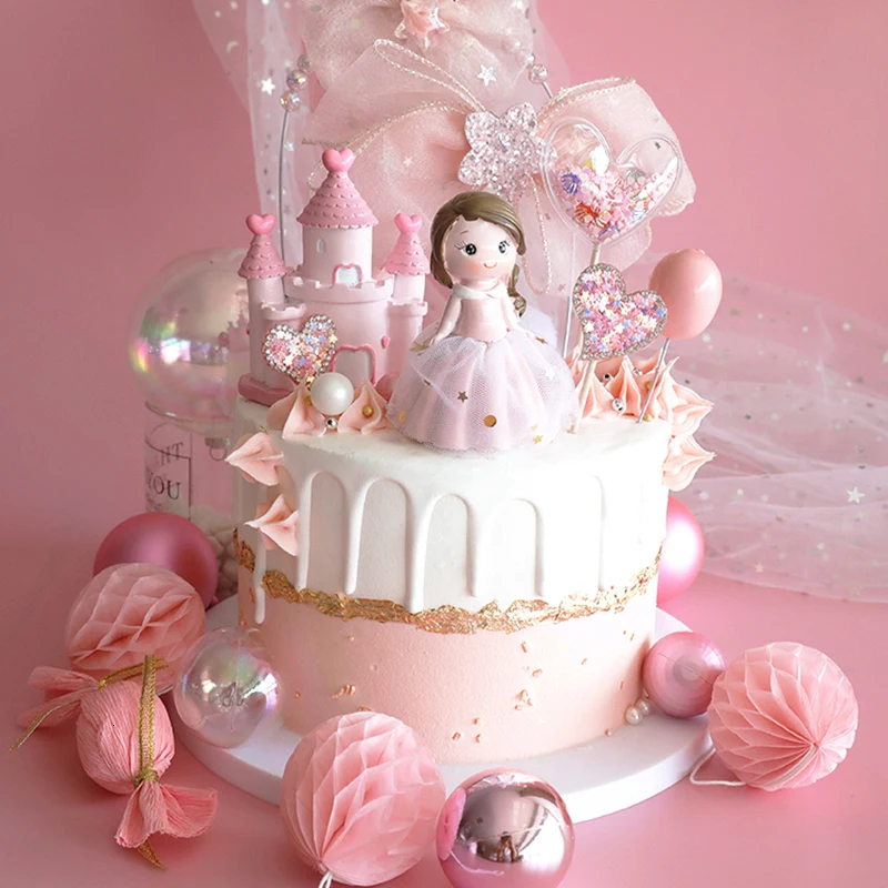 Топпер для торта в форме сердца розовый марлевые принцесса торт украшение сказочный замок свадьба ребенок душ для девочек день рождения принадлежности
