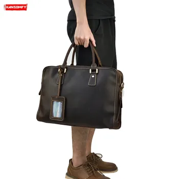 

Men's Genuine Leather Briefcase Retro Laptop Handbag Tote Work Bag Male 15" Computer Shoulder Messenger Bags Crazy Horse Leather