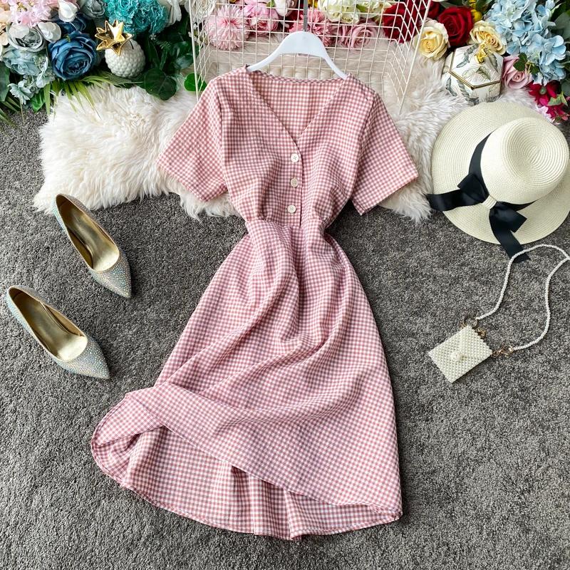 Teeuiear Slim Vintage V Neck Plaid Print Button Dress Slim ladies Summer Midi dress vestido de festa Party Women a-line Dresses