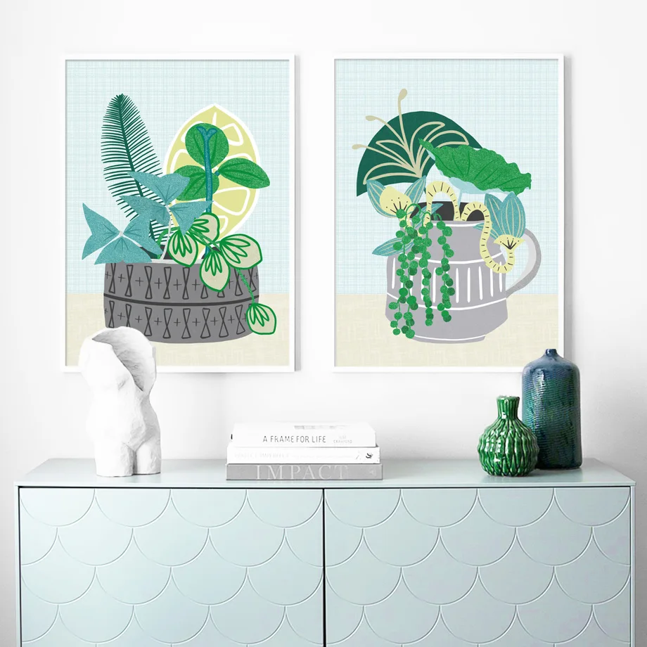 Мультяшные свежие растения плакаты зеленые листья цветок в горшке настенная