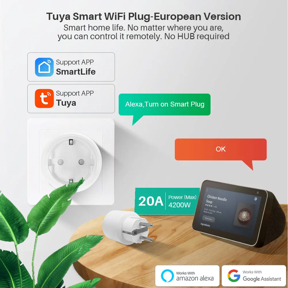 Tuya Wifi Smart Plug 20A With Power Monitor Smart Life App Remote Control Intelligent Socket Compatible With Alexa Google Home