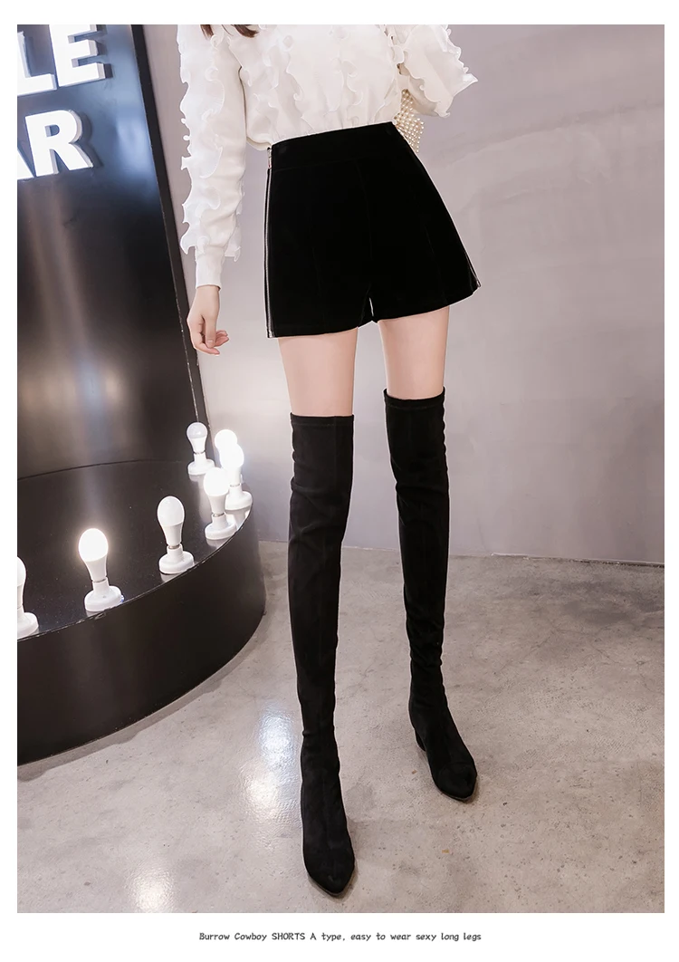 Высокая талия тонкие черные бархатные женские шорты осенние корейские боковые молнии сексуальные шорты женские зимние теплые шерстяные короткие feminino