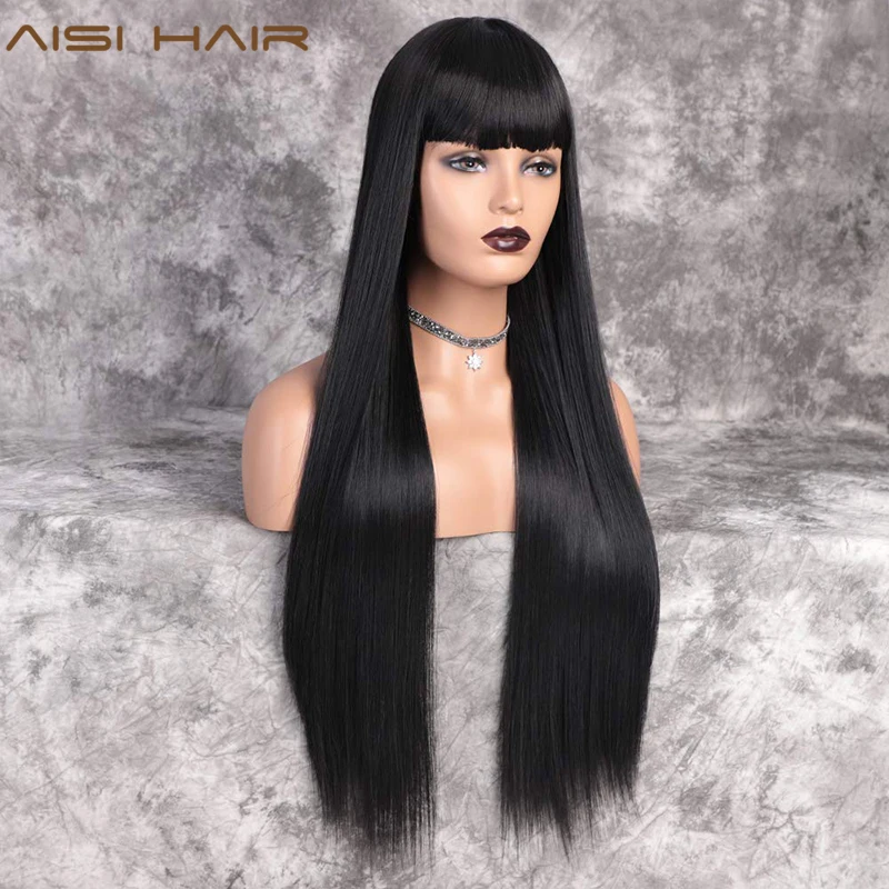 AISI HAIR длинный черный прямой парик с челкой синтетические парики для женщин