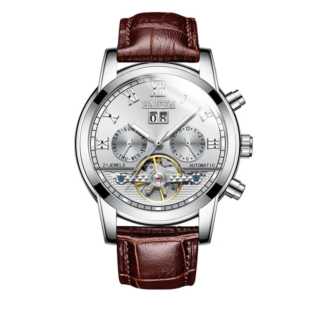 HAIQIN механические модные Tourbillon мужские часы из нержавеющей стали с дисплеем недели полностью водонепроницаемые часы с календарем Мужские часы - Цвет: All-white-L