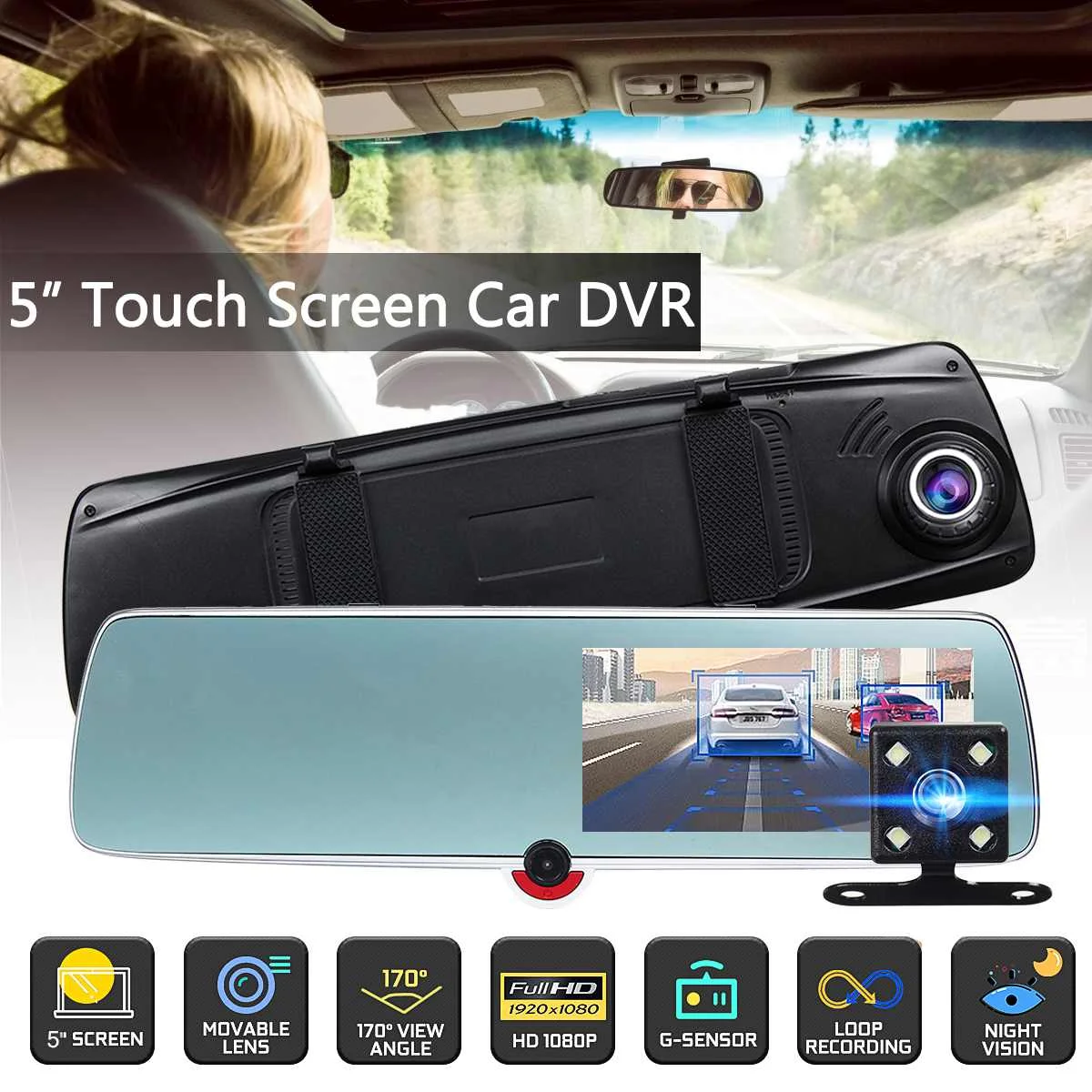 

5.0" Touch Screen Real HD 1080P Car Rear View Mirror Monitor Dash Cam 3 Lens