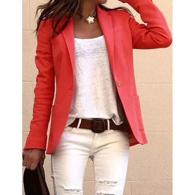 Осеннее женское офисное пальто с длинным рукавом, блейзер с открытым передом, короткий кардиган, модный пиджак размера плюс, Блейзер - Цвет: Watermelon Red