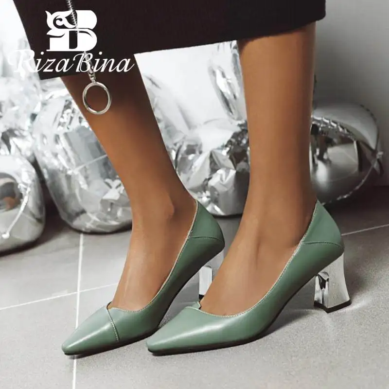 

RizaBina Plus Size 31-47 Women Pumps Pu Leather Quality High Heels Shoes Women Pointed Toe Sexy Party Office Ladies Footwear