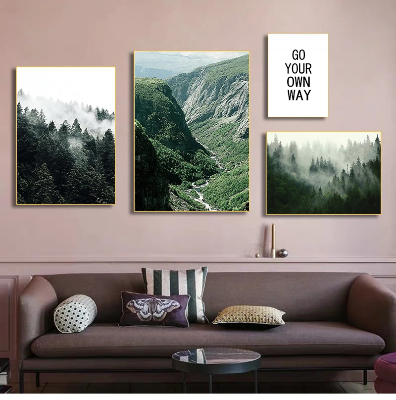 Landscape Print Wall Art Canvas Painting Mountain Foggy Forest Picture Nature Scenery Scandinavian Nordic Decoration