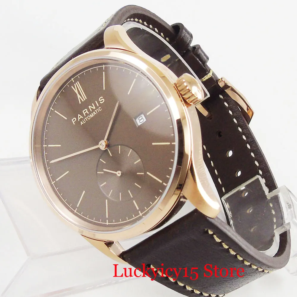 

PARNIS 42mm Mechanical Men Watch Rose Gold Round Case Wristwatch Auto Date Coffee Dial Leather Strap
