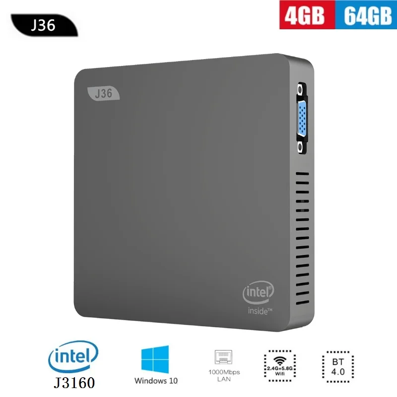 

J36-V Mini PC Windows 10 Home Desktop Computer Intel HD Graphics 4GB 64GB 2.5 Inch HDD 2.4G 5.8G WiFi BT4.0 Minipc HDMI VGA