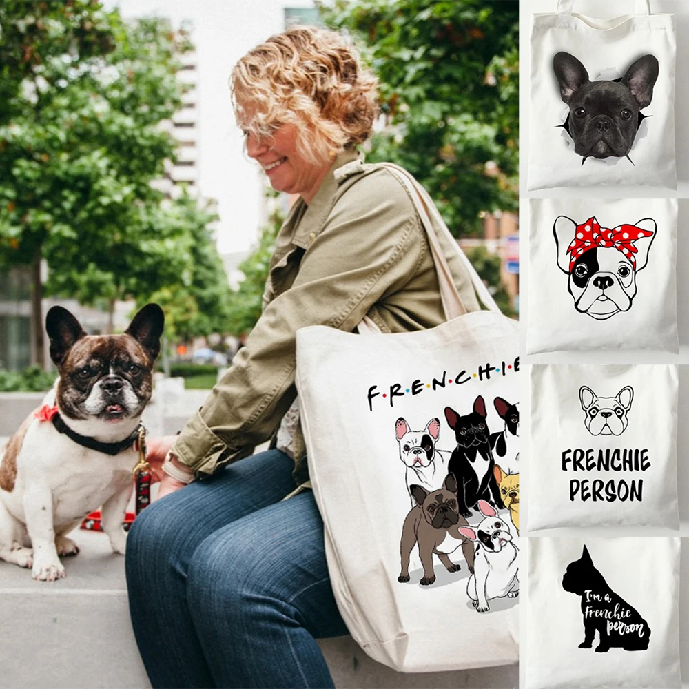 Bag Storage-Bags Book Canvas Teacher French Bulldog Print Shoulder Travel Reusable Women