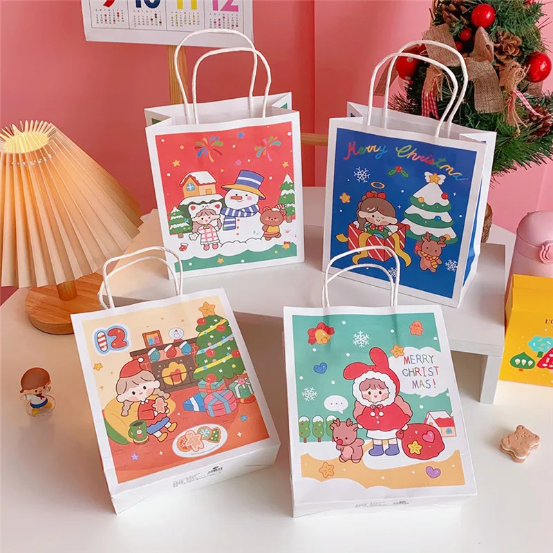 Cute Cartoon Print Paper Shipping Bags Christmas Handbag Kawaii Gift