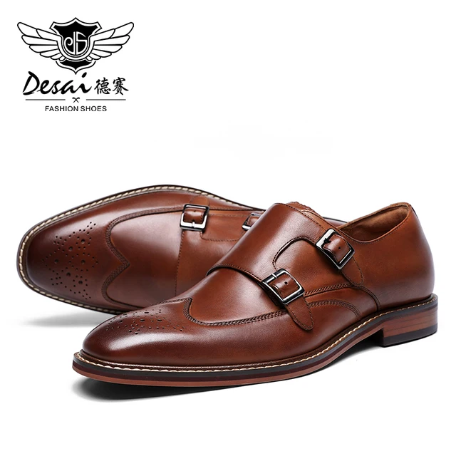 DESAI Monk Strap Slip on Genuine Leather Business Handmade Dress Brogue Shoes for Men with Buckle 2021 6