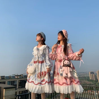

Lolita Dress Sweet Rabbit Print Cute Japanese Kawaii Girls Princess Vintage Lace Amusement park style Long Sleeve Dress Cosplay