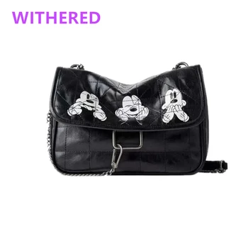 

Withered bags high street vintage fashion casual leather cartoon mouse printing cute Iron chain soft PU wint lining bags women
