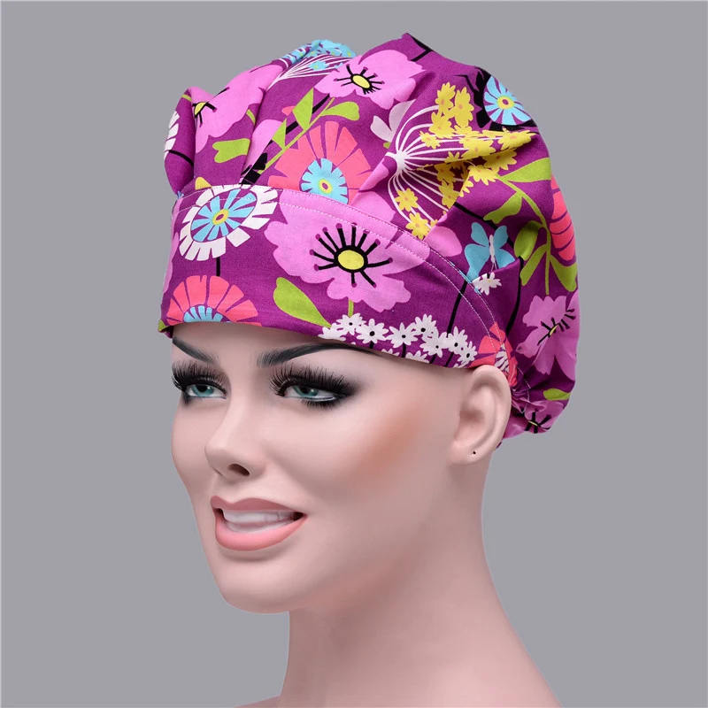 Женская шапочка для душа медицинская Рабочая шляпа с цветочным принтом Регулируемая Больничная медсестер Рабочая хлопковая шляпа для длинных волос кулинарные шапки
