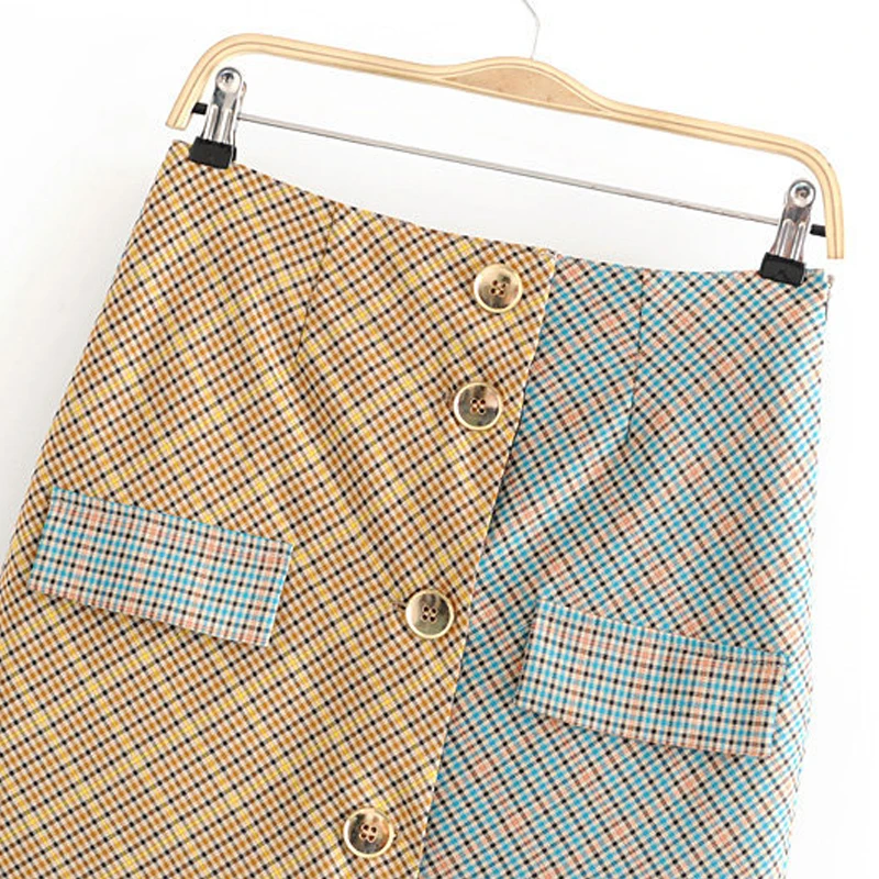 Women Sexy A-Line Mini Skirt Spring Autumn Vintage Button Plaid Spliced Office Ladies Elegant Work Skirts Saia Jupe Femme