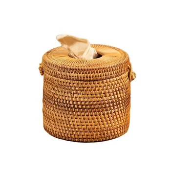 

Round Rattan Tissue Box Vine Roll Holder Toilet Paper Cover Dispenser for Bathroom Home Hotel Office