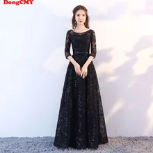 DongCMY 2019 nieuwe collectie fashion formele lange zwarte kleur Pailletten elegante kant avondjurk