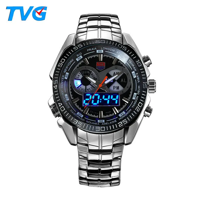 

TVG Watch Men's Fashion Seals Elite Waterproof Dual Display Alarm Clock Night Light Quartz Watch Clean Steel Watch