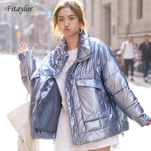 Fitaylor новая глянцевая парка зимняя женская куртка Яркое пальто теплая Толстая короткая хлопковая верхняя одежда корейский стиль
