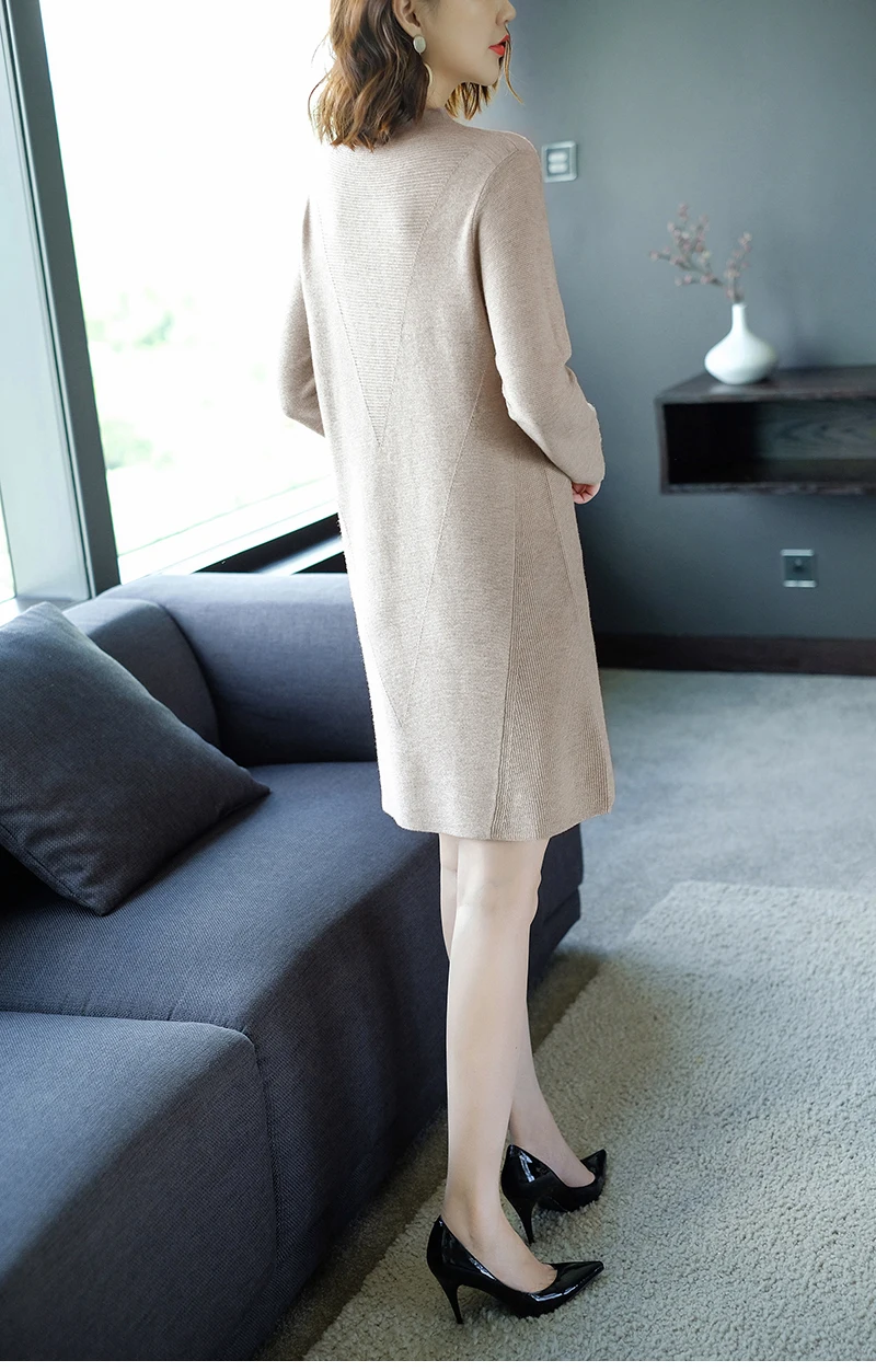 Осень Зима Мода шерстяное платье офисное женское элегантное Водолазка с длинным рукавом однотонное розовое синее свободное женское платье трапециевидной формы