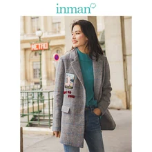 INMAN Winter New Arrival Turn Down Collar Waist Lacing One Button Embroidery Plaid Woolen Suit Coat