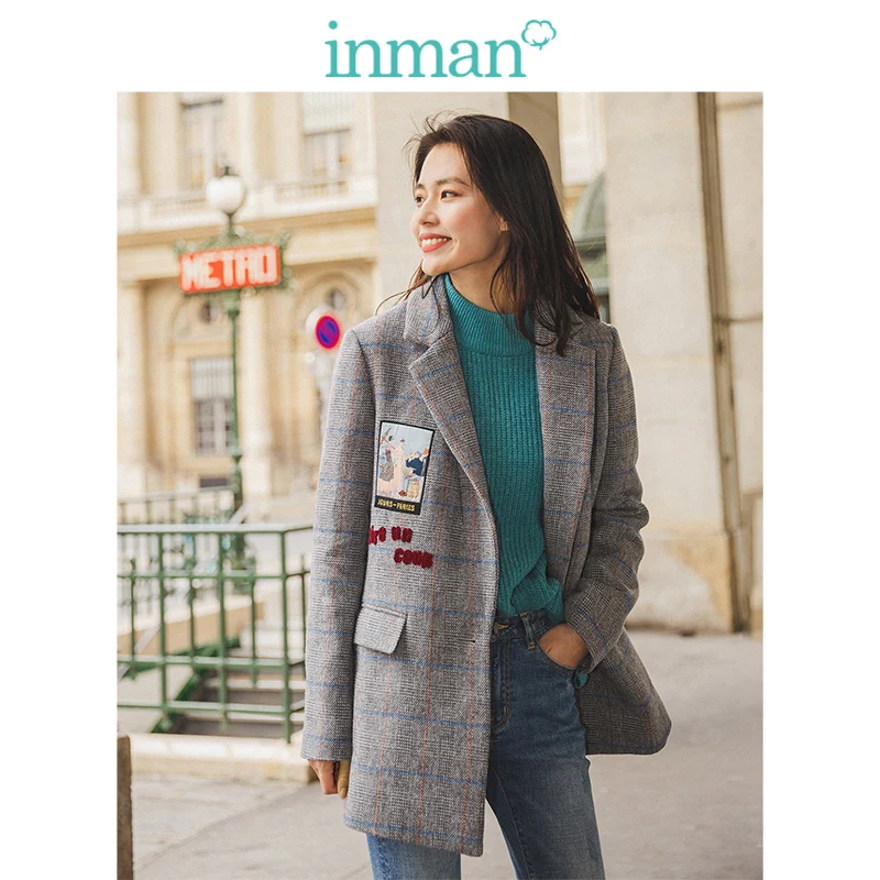 INMAN 2019 Winter New Arrival Turn Down Collar Waist Lacing One Button Embroidery Plaid Woolen Suit Coat |