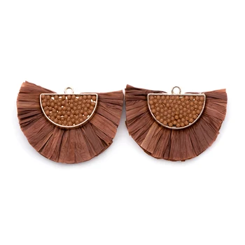 

4pcs Fan Tassel Pendants 44x34mm, Beaded Raffia Tassel Charms for Earrings，Brown (FB-017-13)