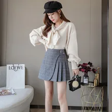 Клетчатые юбки с принтом, Женская плиссированная юбка с высокой талией, осень-весна, юбки длиной выше колена, корейский стиль, юбка большого размера#6