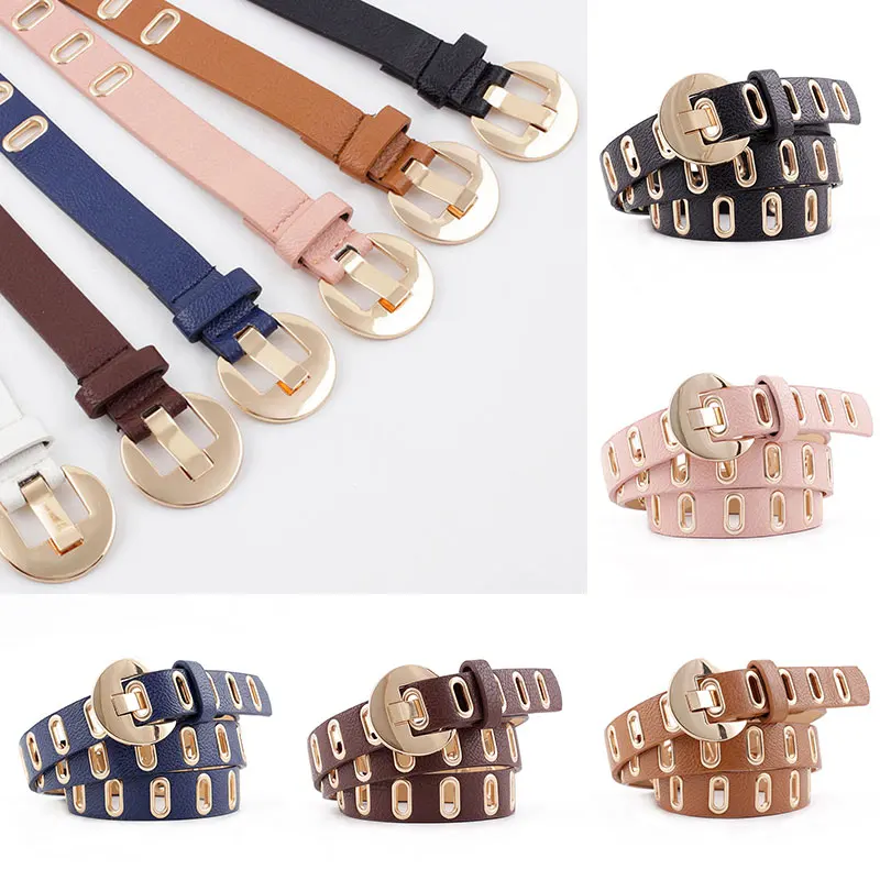 

PU Leather Punk Rock Gold Grommet Pin Buckle Adjustable Hole Personality Hollow Out Leather Belt Women Belt Fashion Casual