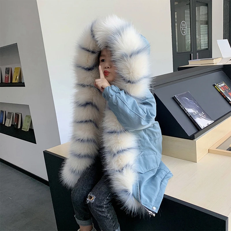 Blue Г. Модная зимняя куртка пальто с мехом для девочек пушистые длинные парки с воротником из искусственного лисьего меха Верхняя одежда с большим мехом для мальчиков и девочек съемный TZ471 - Цвет: Blue