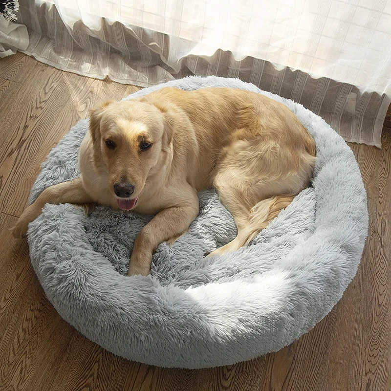 Round Dog Bed For Dog Cat Winter Warm Sleeping Lounger Mat Puppy Kennel Long Plush Pet