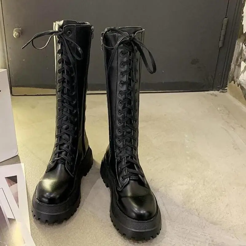 Chunky Platform Pu Leather Knee High Boots Women Punk Increasing Long Woman Lace Up Booties Mujer 2022 Zip Chelsea Women Shoes