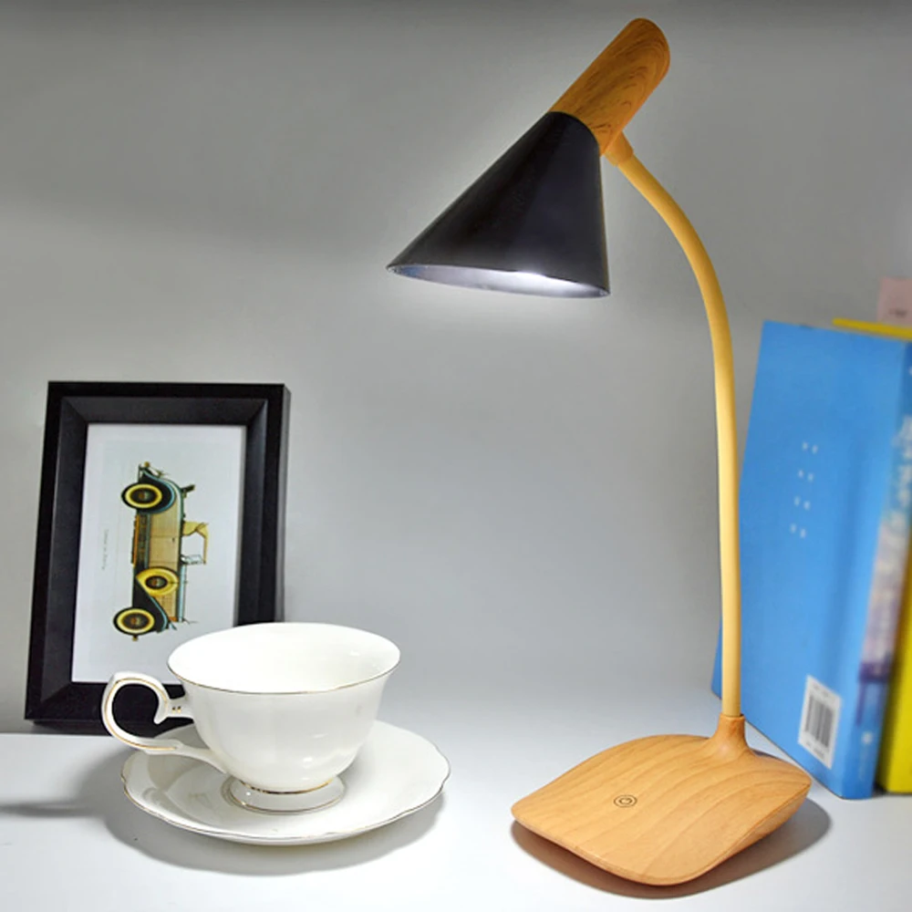 

LED Desk Lamp Imitation Wood Grain Stand Flexo Table Lamp Touch Switch Lampshade Led Dimmer Table Lamps Reading Light 2Colors