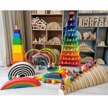 키즈 우드 레인보우 아치 스태커 파스텔 빌딩 블록 반원형 볼 플레이트 Unpaint Stacking Toys