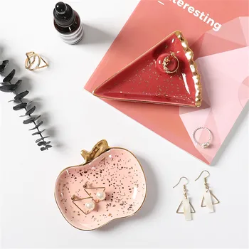 

Nordic Small Jewelry Trays for Earrings Necklace Ring Cute Fruit Dessert Ceramic Tray Electroplate Gold Rim Organizer Trays