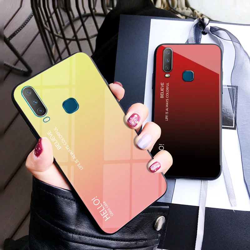 Чехол Vivo Y12, градиентный чехол из закаленного стекла для Vivo Y17 Y15 U10 U3x, градиентный цвет, глянцевая стеклянная защитная крышка, 6,35 дюйма