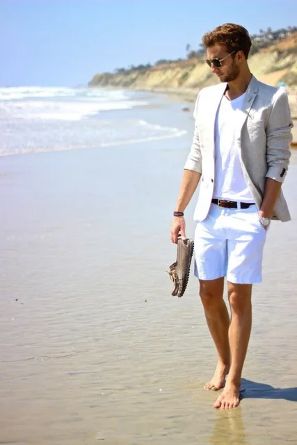 

New Casual Summer Men Suits Linen Coat With Short Pant Slim Fit 2 Pieces Tuxedo Terno Masculino Blazer For Male (Jacket+Pant)