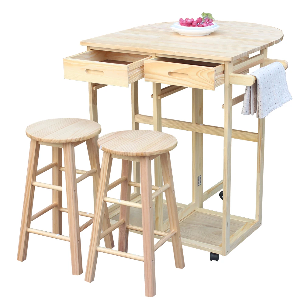 

Semicircle Solid Wood Folding Dining Cart Rolling Cart Kitchen Trolley Storage Cabinet with two chair stools kitchen table