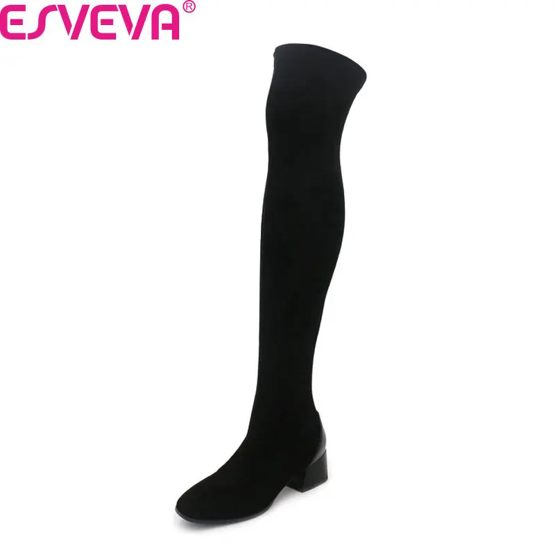 

ESVEVA 2021 Stretch Flock Over The Knee Women Boots Retro Square Toe Slip on Women Shoes Square Middle Heel Long Boots Size34-43