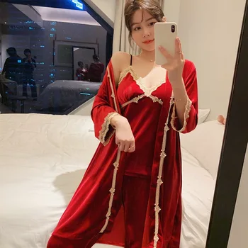

Autumn Winter Sexy Gold Velvet Sleepwear Three-piece Sling Lace Solid Top Pants Loose Patchwork Cardigan Lace-up Home Nightrobe