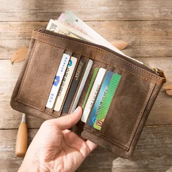 

Retro Crazy Horse Skin Short Canvas Wallet Men's Leather Zipper Head Layer Cowhide Japanese Handmade Wallet Literature and Art