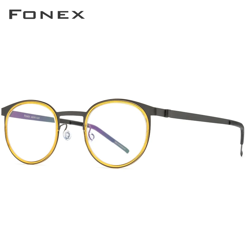 FONEX ацетат Титан сплав оправа для очков для мужчин и женщин круглый рецепт Близорукость Оптические очки корейские Безвинтовые очки 98625 - Frame Color: Yellow Gray