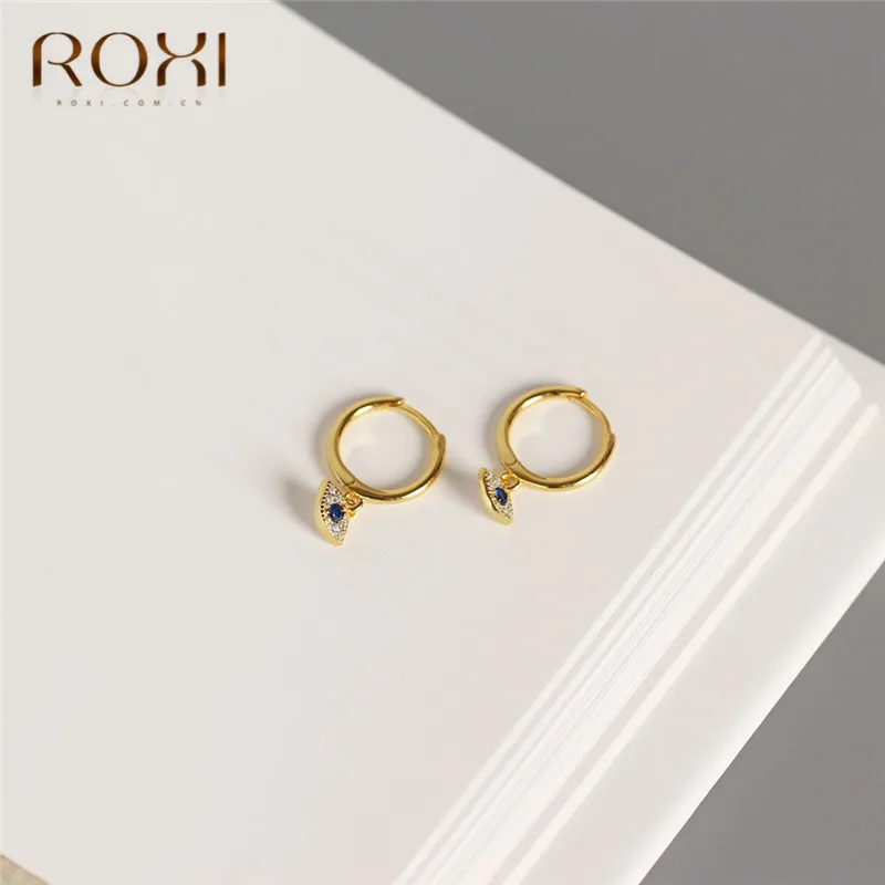 Серьги ROXI в стиле панк «злые глаза», 925 пробы, серебряные мини циркониевые голубые глаза, маленькие серьги-гвоздики для женщин, корейские ювелирные изделия - Окраска металла: E899A-Gold