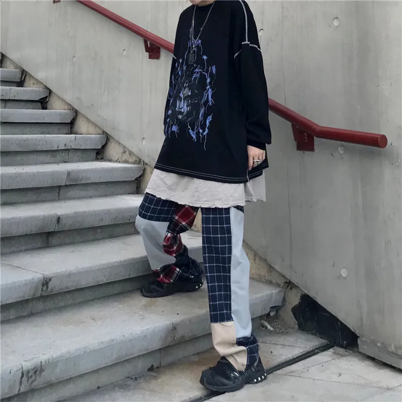 LMCAVASUN Harajuku уличные клетчатые брюки осенние брюки свободные прямые широкие брюки повседневные брюки для мужчин и женщин