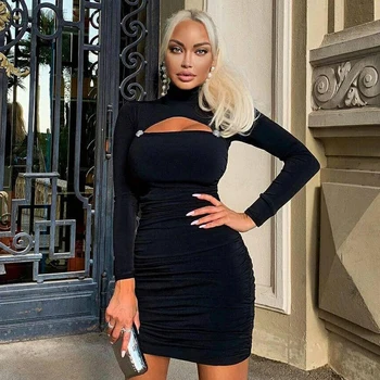 

Women Autumn Winter Black Long Sleeve Elegant Festival Vestidos Spring New Celebrity Evening Party Hollow Out Sexy Bandage Dress